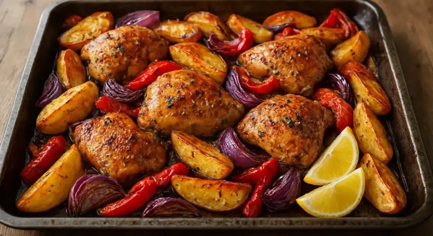 Ugnsbakad kyckling och potatis med rödlök och paprika, serverad på en plåt. En härlig måltid!