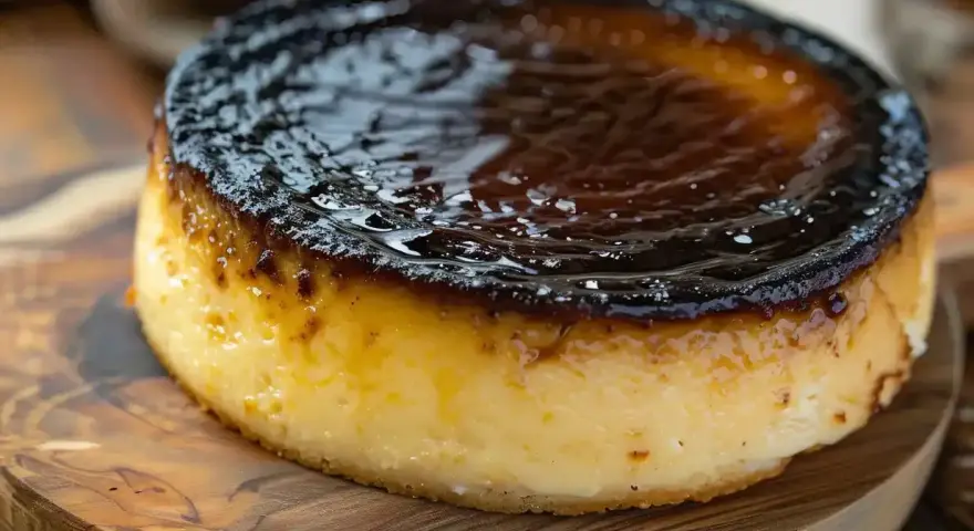En krämig baskisk cheesecake med en mörk, karamelliserad yta, serverad på en träskärbräda.