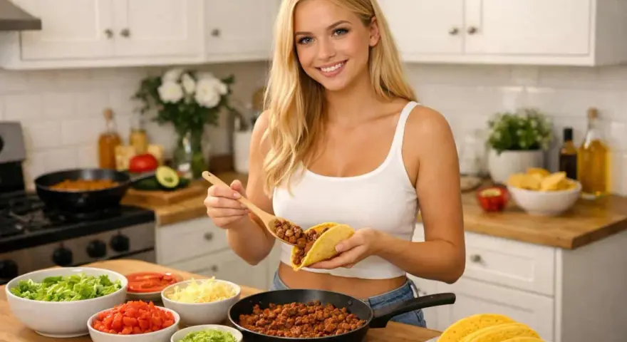Glad kvinna förbereder tacos med ett enkelt tacos recept. Skålar med sallad, tomat, ost och lök står uppdukade.