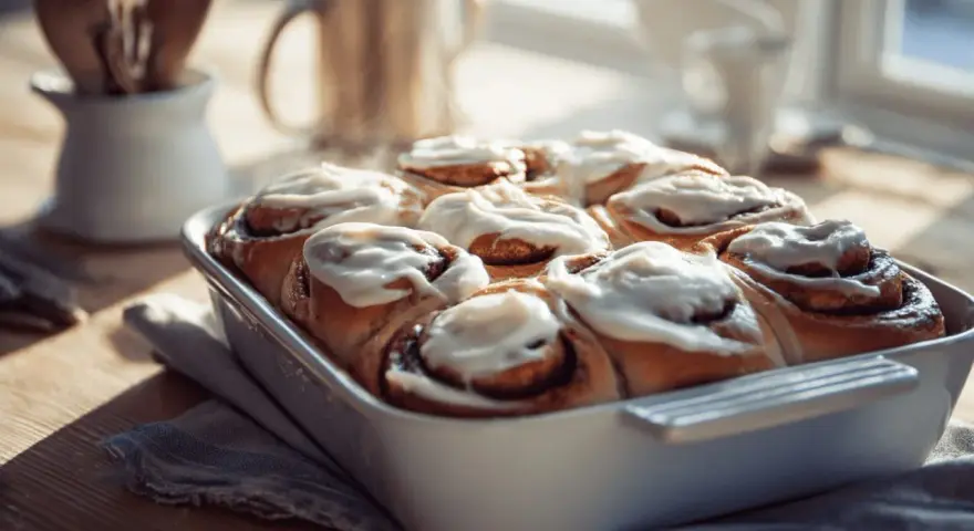 Färska kanelbullar med glasyr i en form, redo att avnjutas. Kanske bakade av Camilla Hamid?