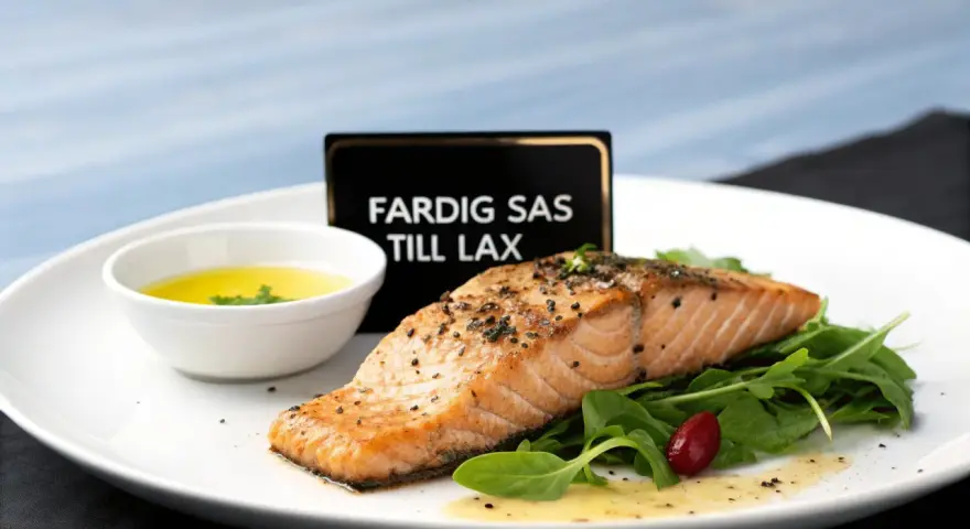 En perfekt tillagad laxfilé serveras med en skål med gul sås till lax, gröna blad och en röd bär.