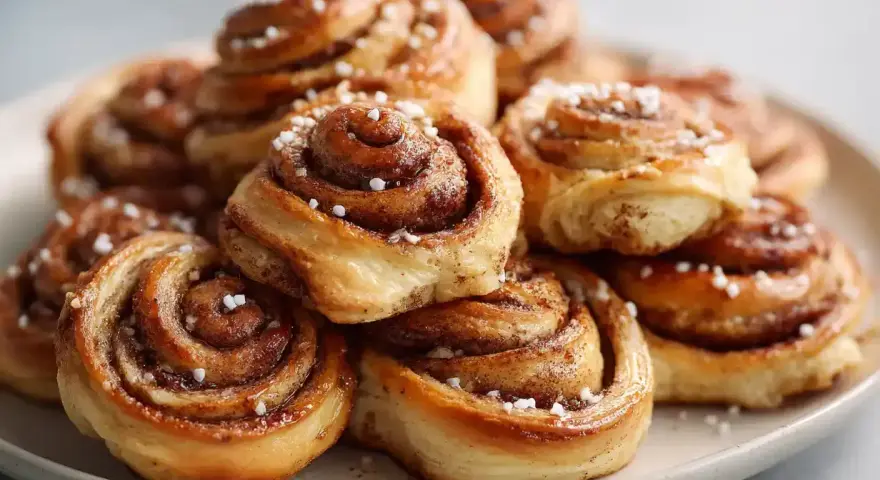 En hög med gyllene, nybakade glutenfria kanelbullar, toppade med pärlsocker. Perfekt för fikat!