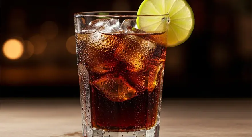 Ett glas med is och en limeklyfta, fyllt med en mörk dryck som påminner om en cuba libre.