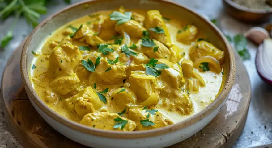 En krämig kycklinggryta med lök och persilja, perfekt för ett snabbt currysås recept.