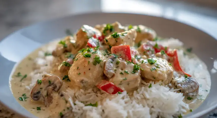 En krämig chicken ala king med ris, toppad med persilja och bitar av röd paprika.