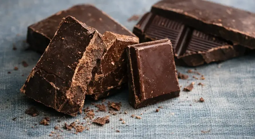 Mörk choklad i bitar, redo att smältas till en härlig lava cake.