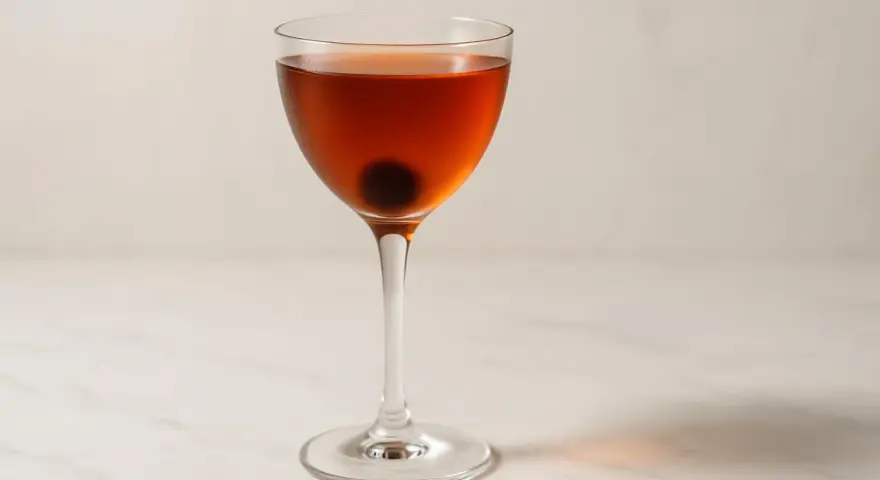 En klassisk manhattan drink med körsbär i ett elegant glas.