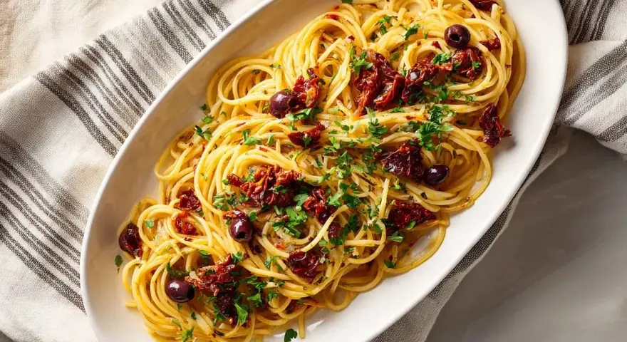 En skål med spaghetti, toppad med soltorkade tomater, svarta oliver och färsk persilja. En härlig pasta puttanesca!
