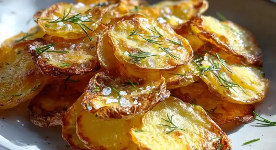 Krispiga, gyllene skivor av råstekt potatis toppas med flingsalt och färsk dill. En härlig sidorätt som passar till det mesta.