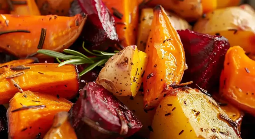 Ugnsrostade rotfrukter med rosmarin. En härlig blandning av potatis, morötter och rödbetor som fått en gyllene yta i ugnen.