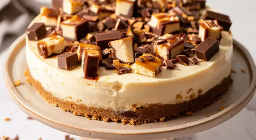 En krämig daim cheesecake toppad med bitar av choklad och karamell. En dröm för alla som älskar daim.
