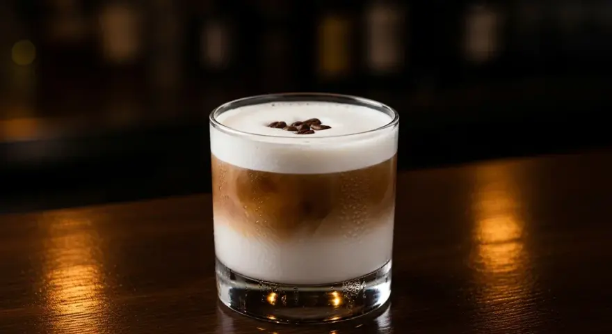 En krämig White Russian med kaffebönor på toppen, serverad i ett glas på en mörk träyta.