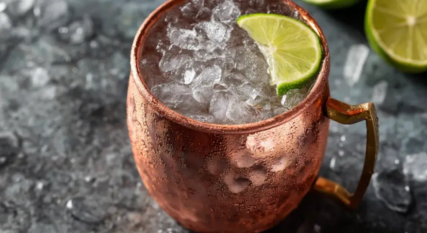 En iskall moscow mule i kopparmugg, garnerad med lime och omgiven av is.