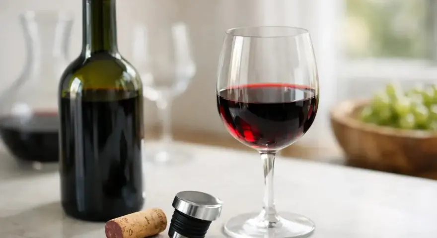 En flaska rött vin, ett glas fyllt med vin, en kork och en vinpropp. Frågan är, kan vin bli gammalt?