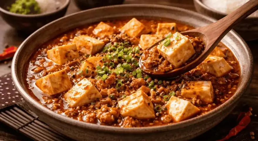 En sked lyfter upp en bit mapo tofu från en skål med kryddig gryta, toppad med salladslök.