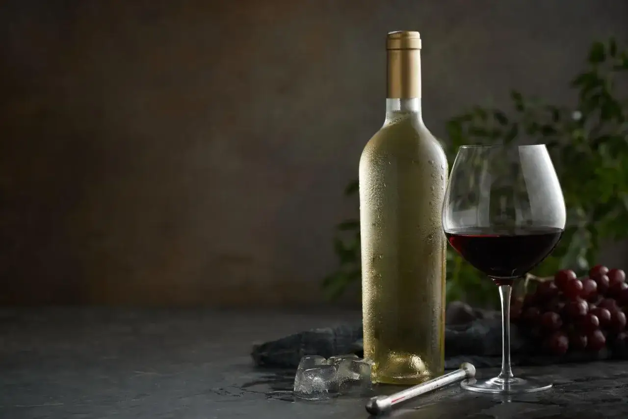 En flaska kallt vitt vin med en termometer bredvid, som visar rätt vitt vin temperatur. Ett glas rött vin och vindruvor står också uppdukat.