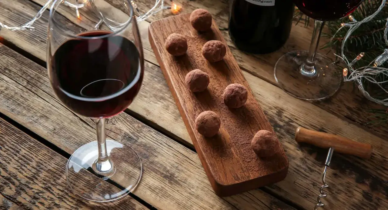 Ett glas rött vin och chokladpraliner på ett träfat, redo för en mysig kväll. Perfekt för dig som älskar vin till choklad.