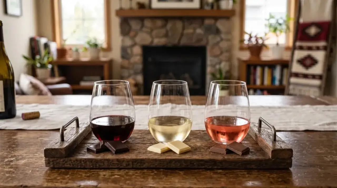 Tre glas med rött, vitt och rosévin samt chokladbitar på en träbricka. En perfekt uppsättning för att avgöra hur mycket vin per person som passar bäst.