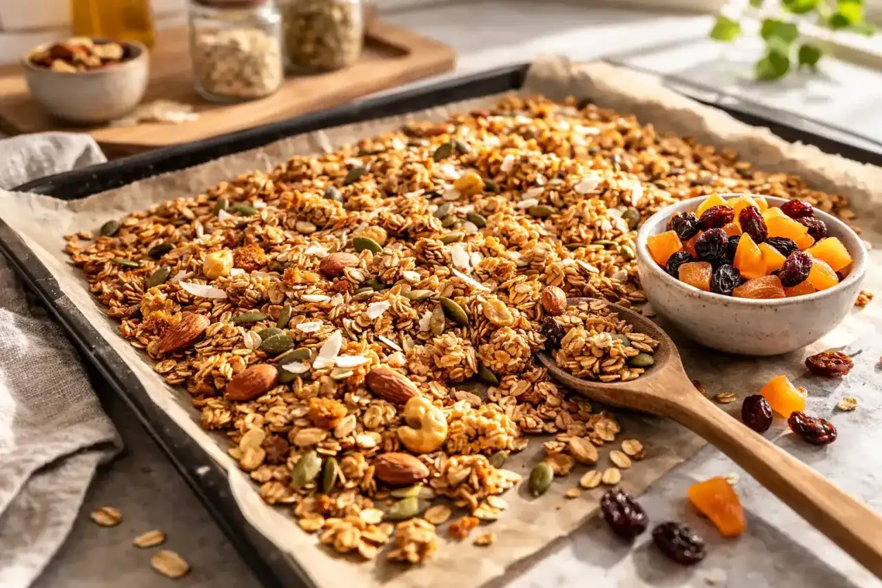 En stor plåt med hemgjord egen granola, full av nötter, frön och torkad frukt. En skål med russin och aprikoser samt en träsked med granola.