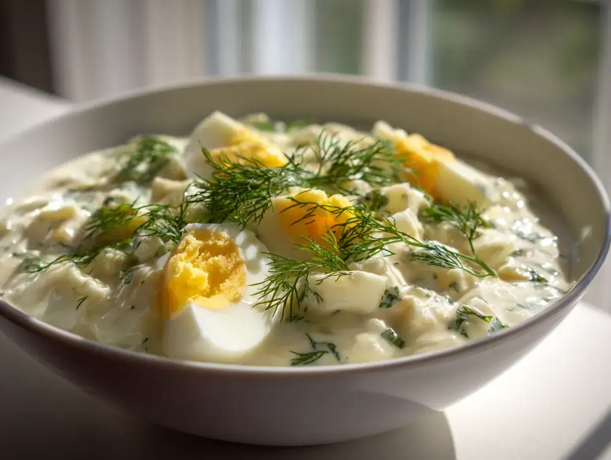 En sk&aring;l med kr&auml;mig skolans fisks&aring;s, toppad med dill och &auml;ggklyftor. En klassiker som smakar sommar.
