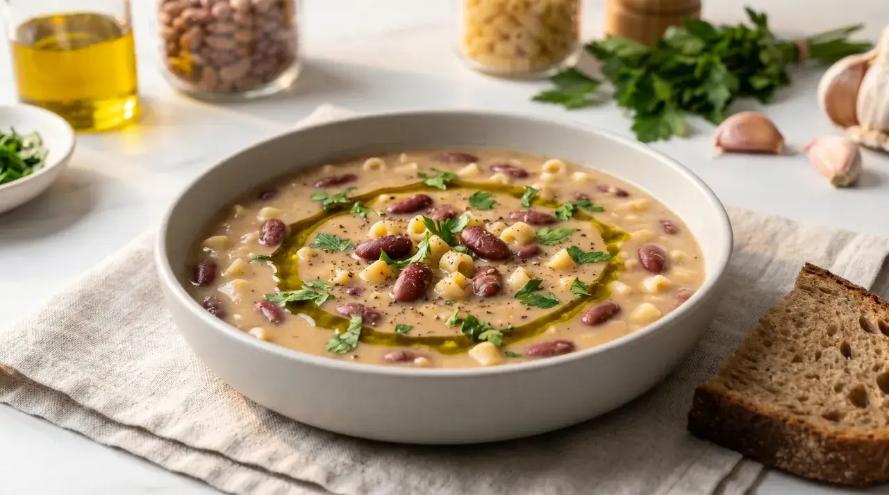 En skål med värmande pasta e fagioli, garnerad med olivolja och persilja. Bredvid ligger en bit rustikt bröd.