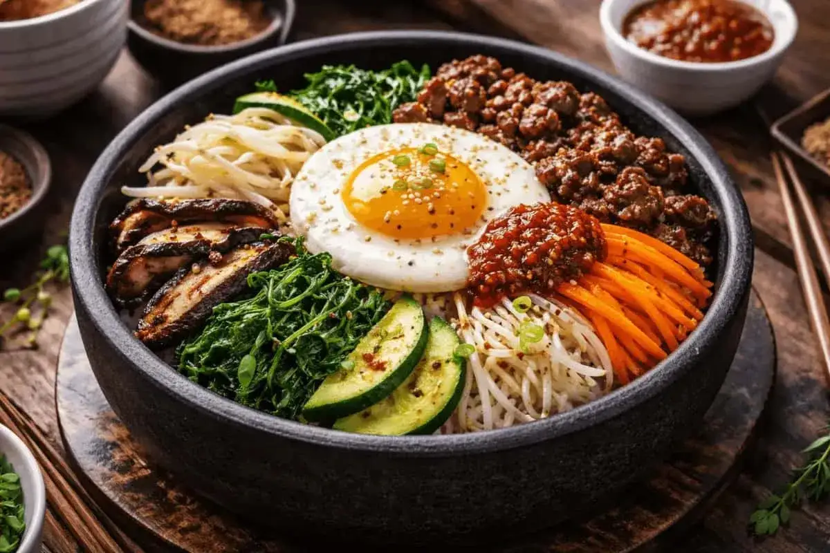 En vacker skål med bibimbap, fylld med ris, grönsaker, köttfärs och ett stekt ägg. Perfekt för ett gott bibimbap recept.