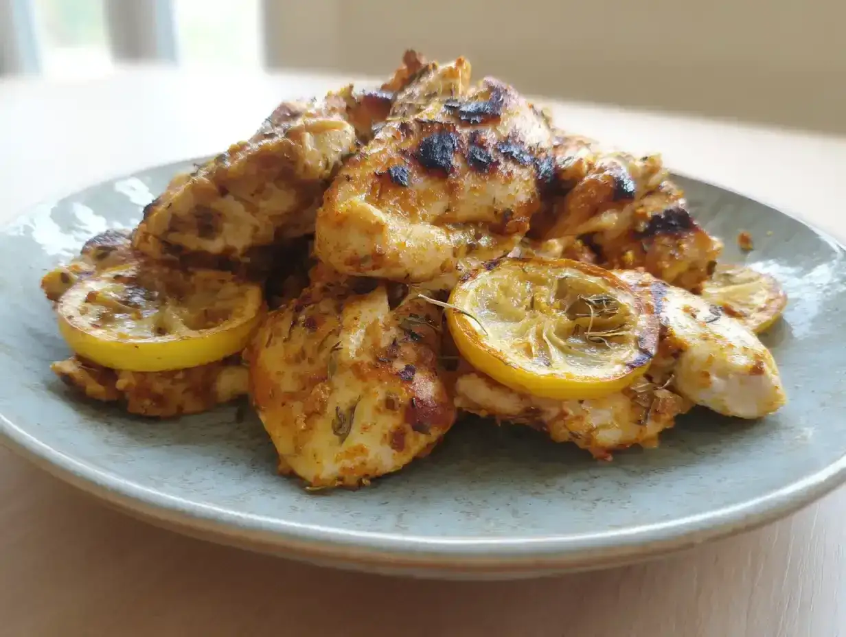 Grillad marinad kyckling med citronskivor p&aring; en ljusbl&aring; tallrik.