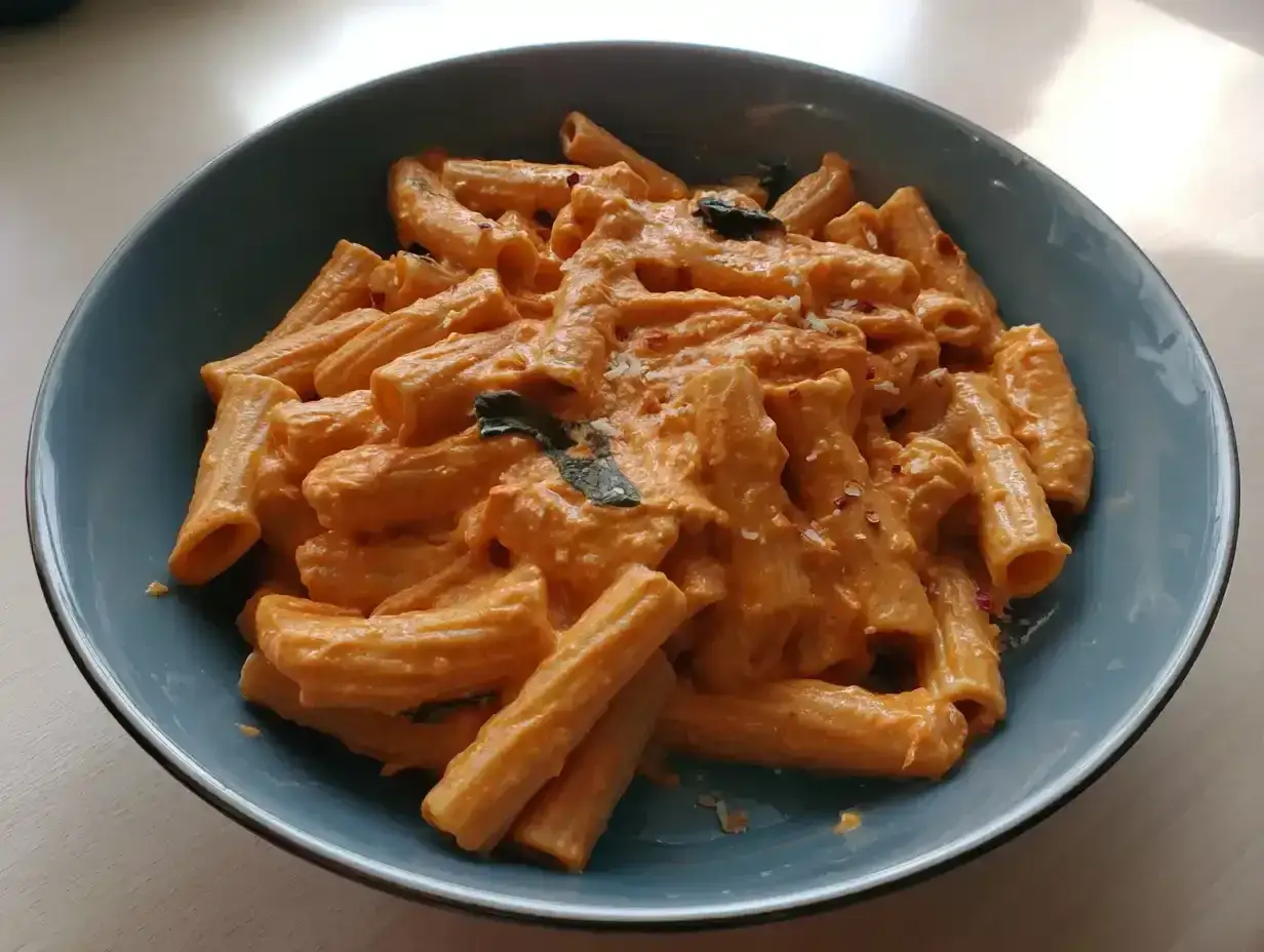 En skål med krämig vodka pasta, toppad med chili och örter. Enkel men utsökt middag.