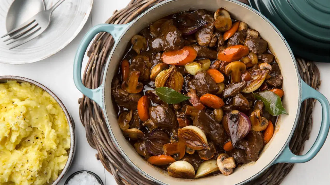 En mustig biff bourguignon i gjutjärnsgryta med möra köttbitar, champinjoner, morötter och lök. Serveras med krämigt potatismos.