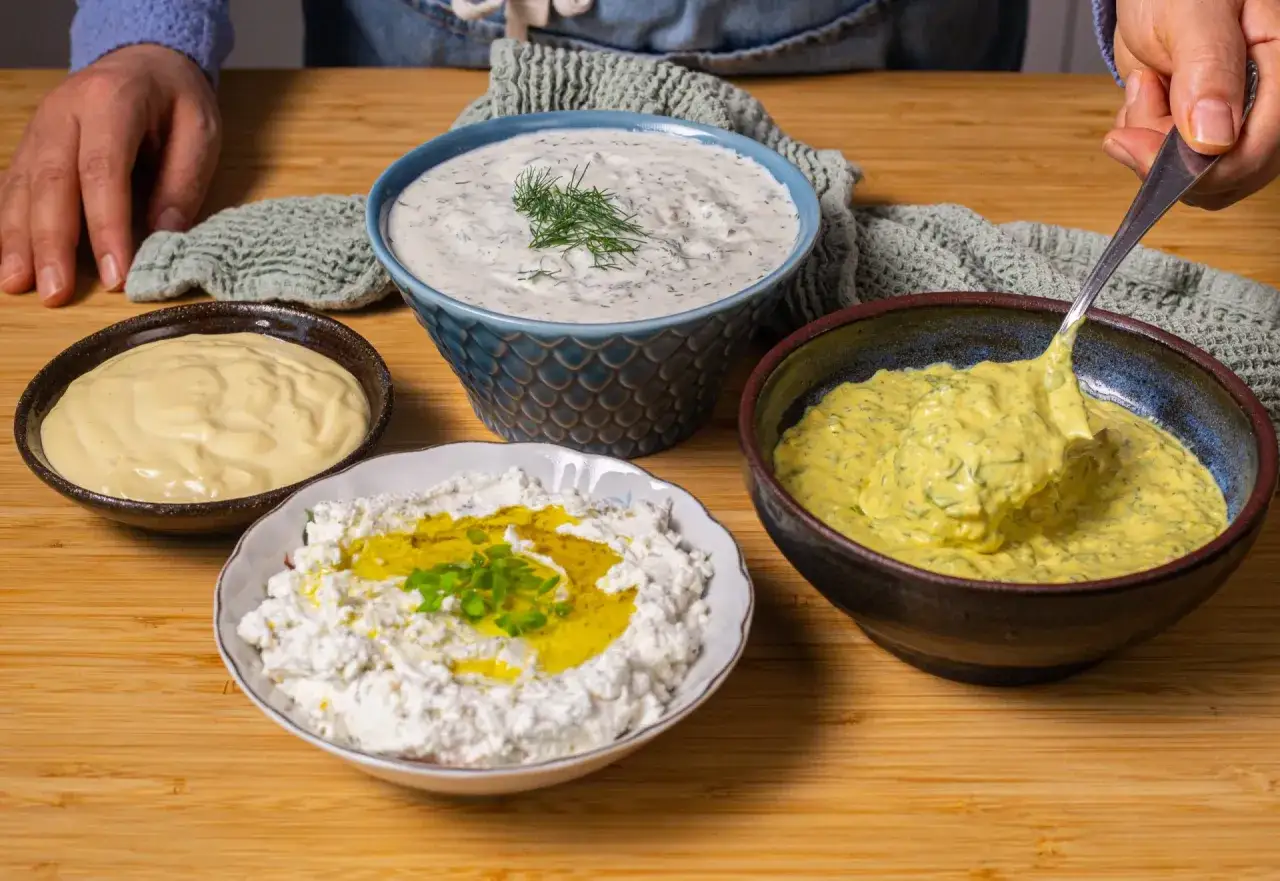 Fyra olika såser till paj: krämig vitlökssås, majonnäs, en ostig röra med olja och örter, samt en gul currysås.