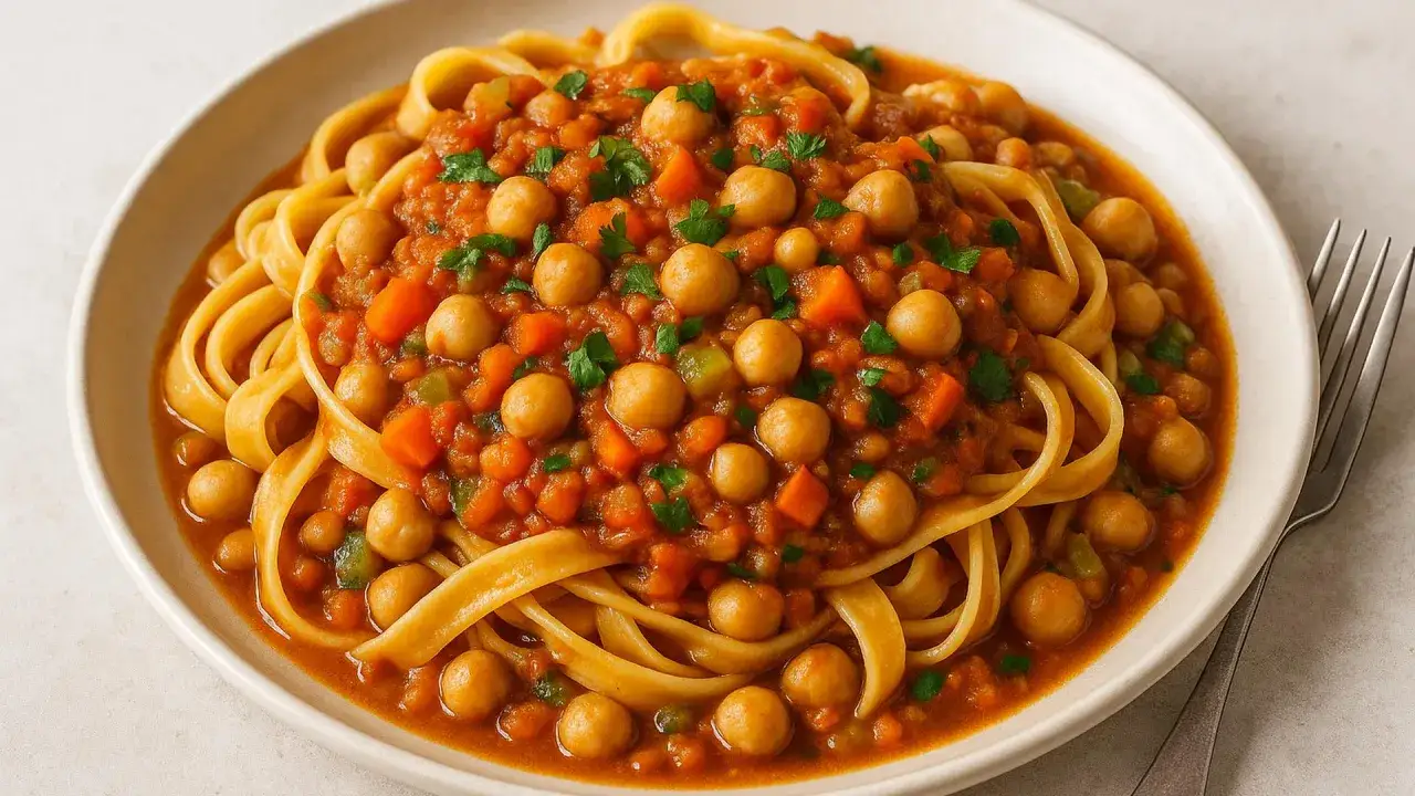 En tallrik med tagliatelle täckt av en mustig kikärts- och grönsakssås, perfekt för vegetariska recept.
