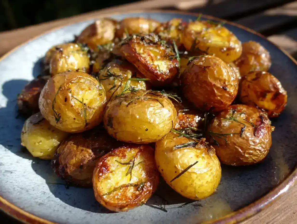 En tallrik med gyllene, ugnsrostade potatisar, kryddade med örter. Perfekt som tillbehör till en svensk sommarmåltid.