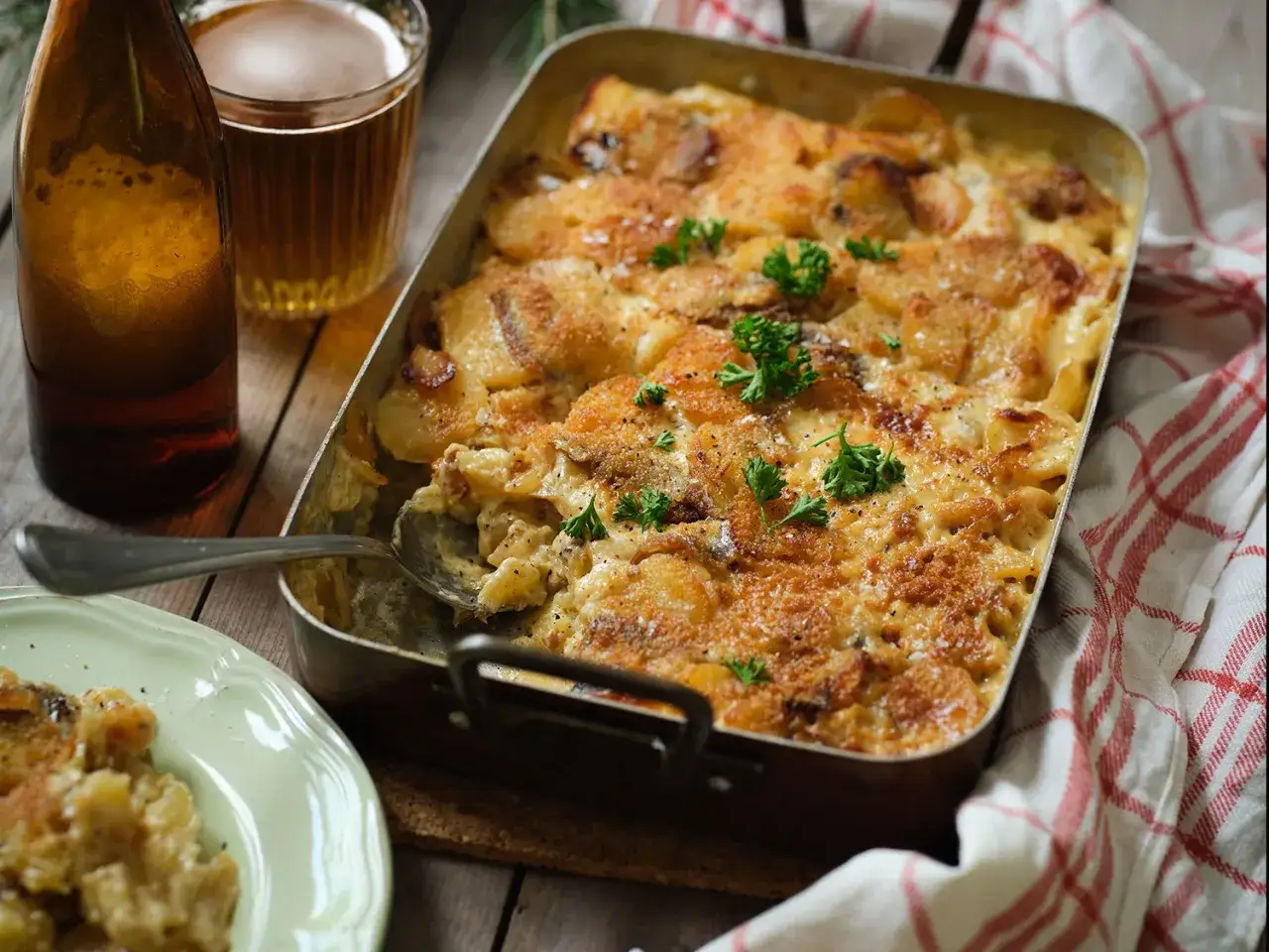 Janssons frestelse recept i en ugnsform, gyllene och gratinerad, med en sked som lyfter upp en portion. En ölflaska och ett glas står bredvid.