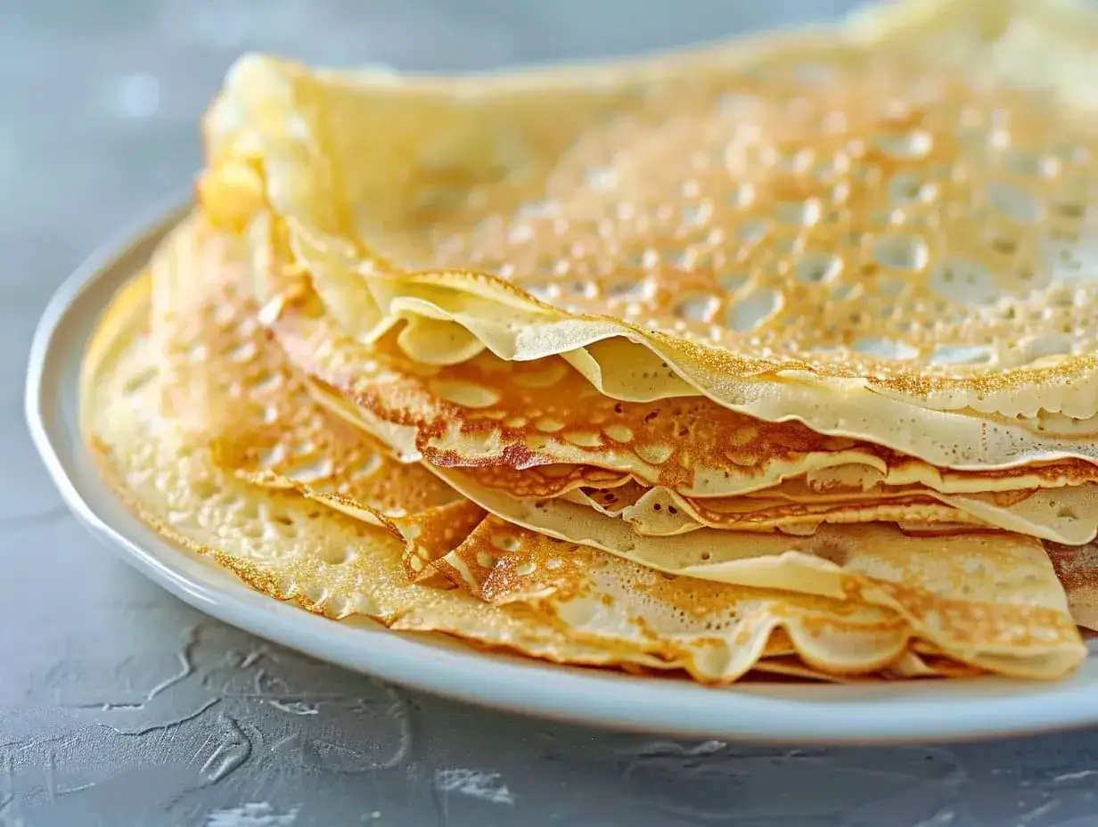 En hög med gyllene, tunna pannkakor, redo att serveras. Perfekt för ett enkelt crepes recept.