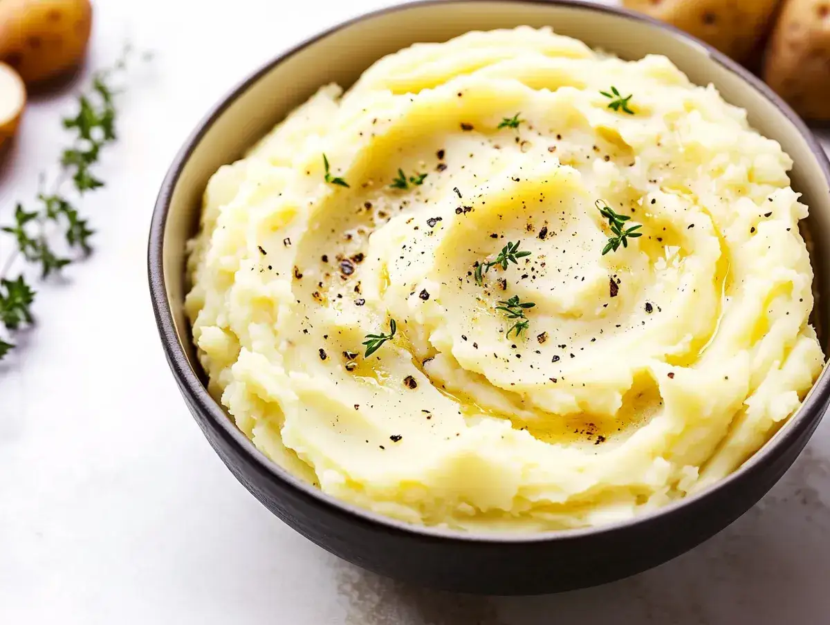Krämigt potatismos i skål, toppat med örter och peppar. Perfekt som tillbehör till din middag, här är ett enkelt potatismos recept.