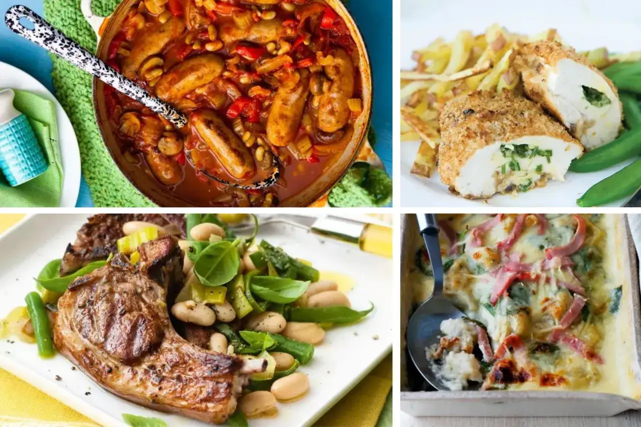 Fyra läckra rätter: korvgryta, panerad kyckling med pommes, lammkotlett med bönor och en gratäng. Allt ser ut som kalorisnål mat.