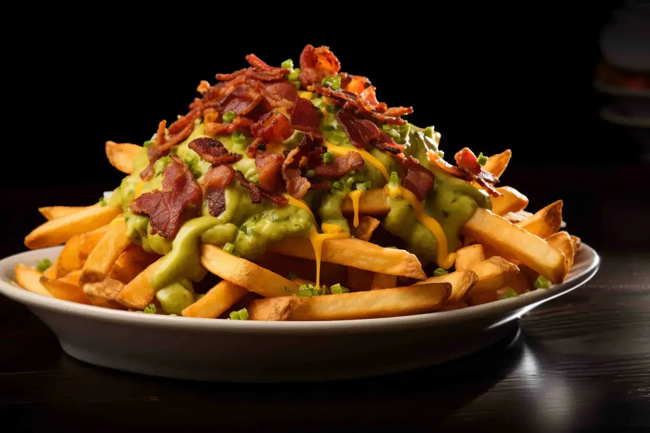 En h&ouml;g med pommes frites toppad med kr&auml;mig avokados&aring;s, ost och knaprigt bacon. Dessa 