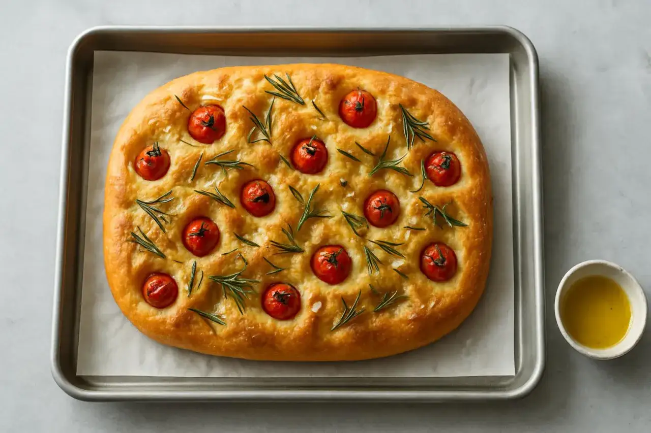 En gyllene focaccia med körsbärstomater och rosmarin, redo för ett enkelt focaccia recept. En skål med olivolja står bredvid.