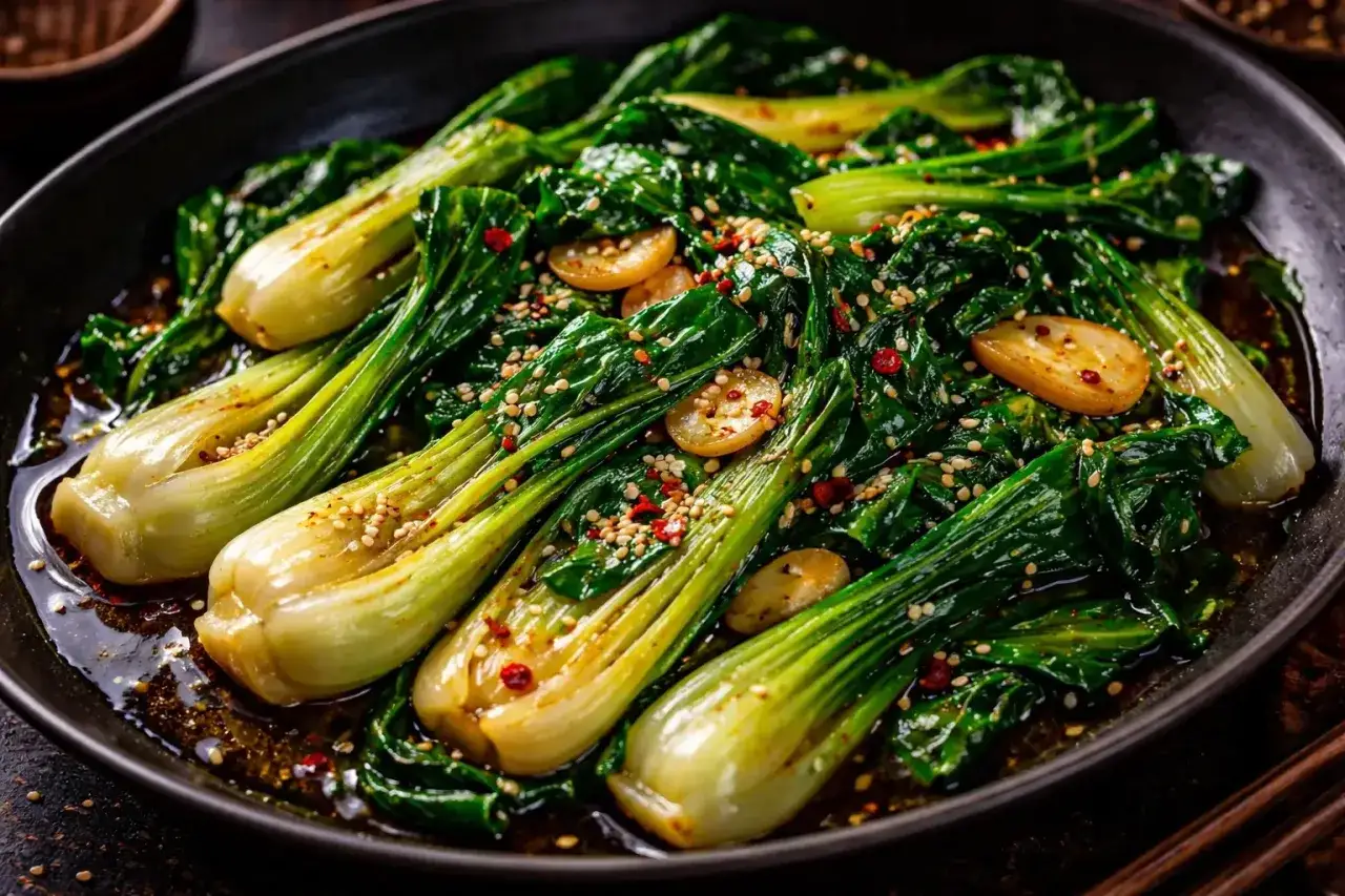 En skål med glaserad pak choi, toppad med sesamfrön och chili.