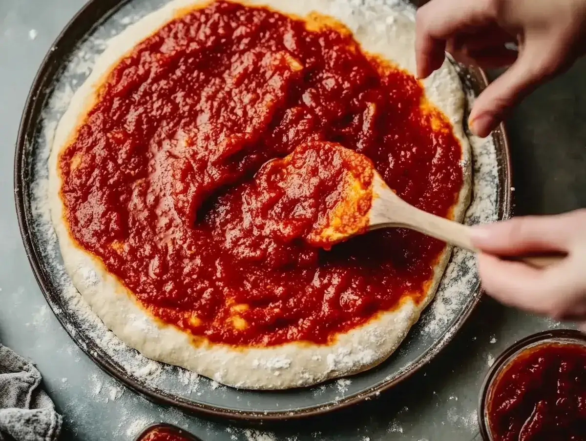 Händer sprider tomatsås på en pizzadeg med en träsked. Snart är det dags för en härlig tomatsås pizza!
