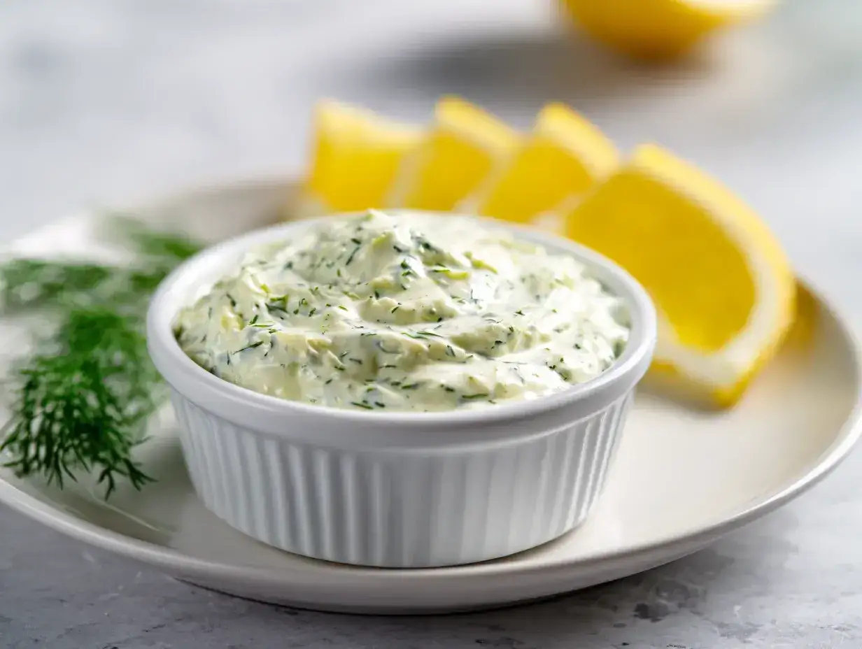 En krämig kall sås till fisk, med dill och citronklyftor. Perfekt till sommarens grillade fisk.