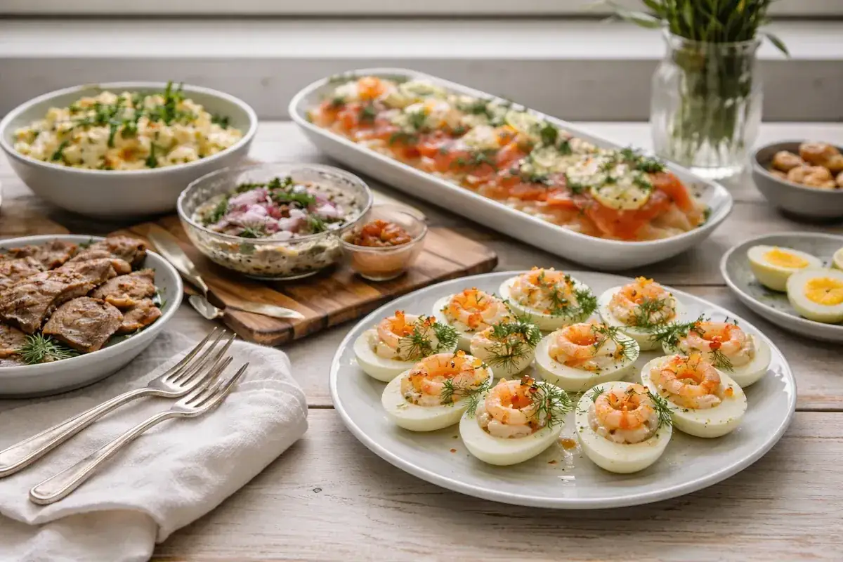 En festlig påskbuffé med ägghalvor fyllda med räkor, gravad lax, kött och sallader. Perfekt för att inspireras av nya påskmat recept.