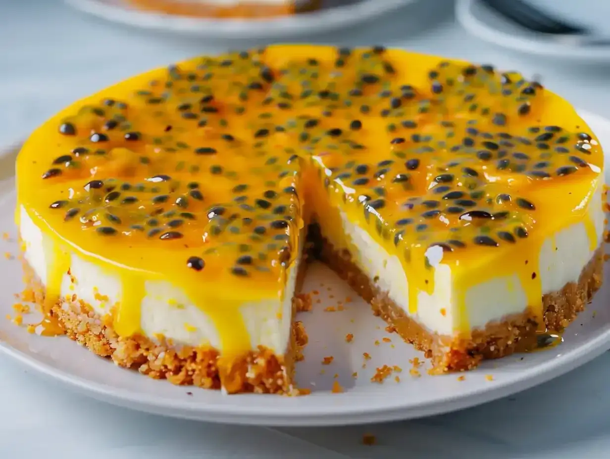 En krämig passionsfrukt cheesecake med en krispig botten och en glansig topping full av passionsfruktfrön.