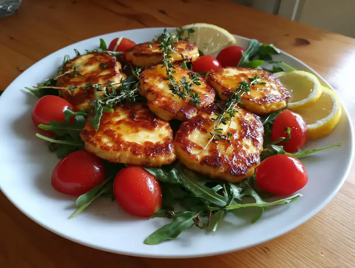 Stekt halloumi med körsbärstomater, ruccola och citron. Ett enkelt och gott halloumi recept som passar perfekt som förrätt eller lätt lunch.