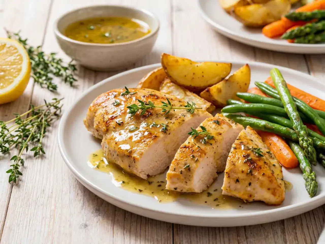 En saftig kycklingfile i ugn, skuren i bitar, serveras med ugnsrostade potatisklyftor, gröna bönor, morötter och sparris. En härlig citronsås med örter fulländar rätten.