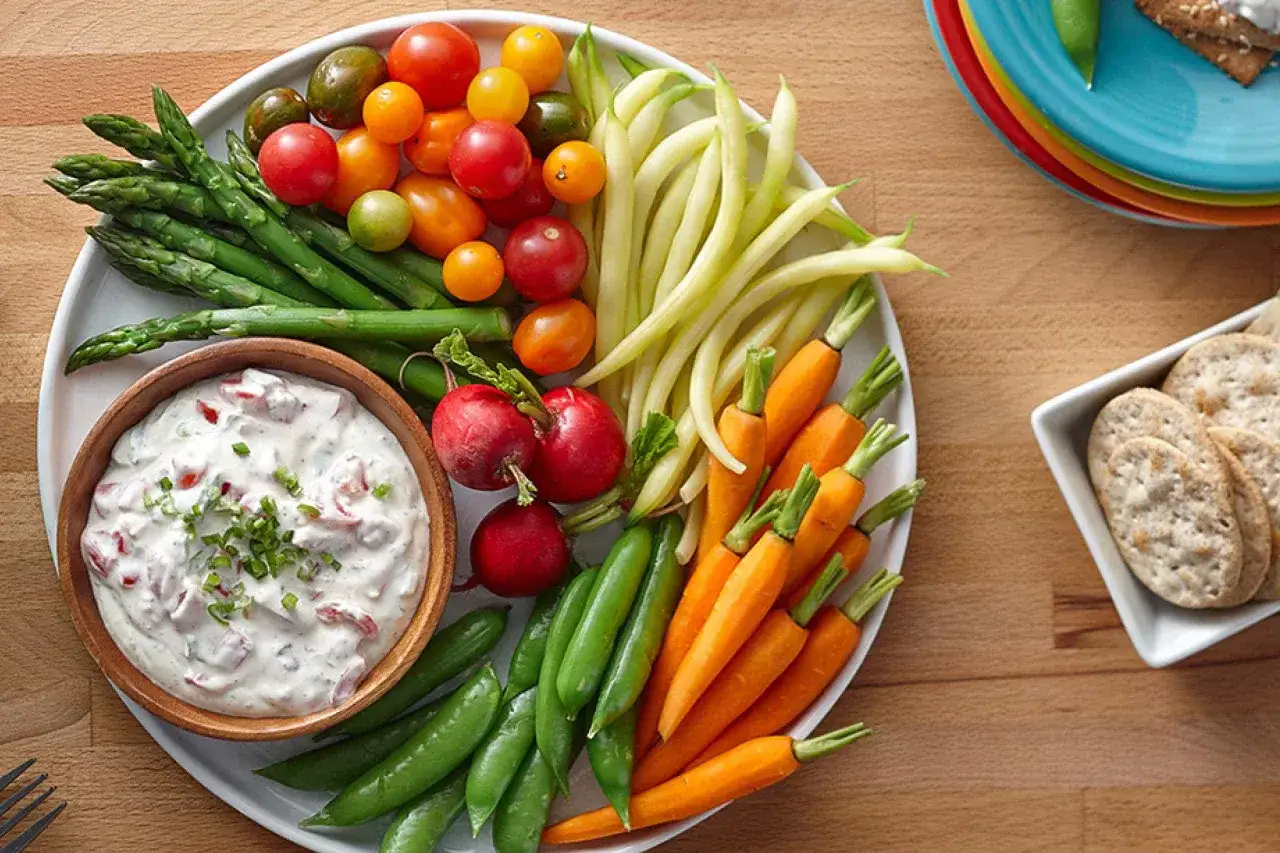 En skål med krämig ranch dressing omgiven av färska grönsaker som morötter, sockerärtor, sparris, rädisor och tomater.