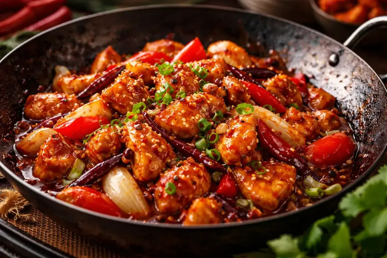 En het kycklingr&auml;tt med en glansig s&aring;s till kyckling, toppad med sesamfr&ouml;n och gr&ouml;n l&ouml;k. Serveras i en wok med chili och l&ouml;k.