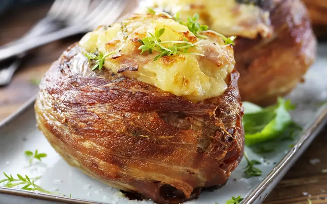 En saftig bakad potatis insvept i knaperstekt bacon, toppad med ost och örter. En riktig delikatess!