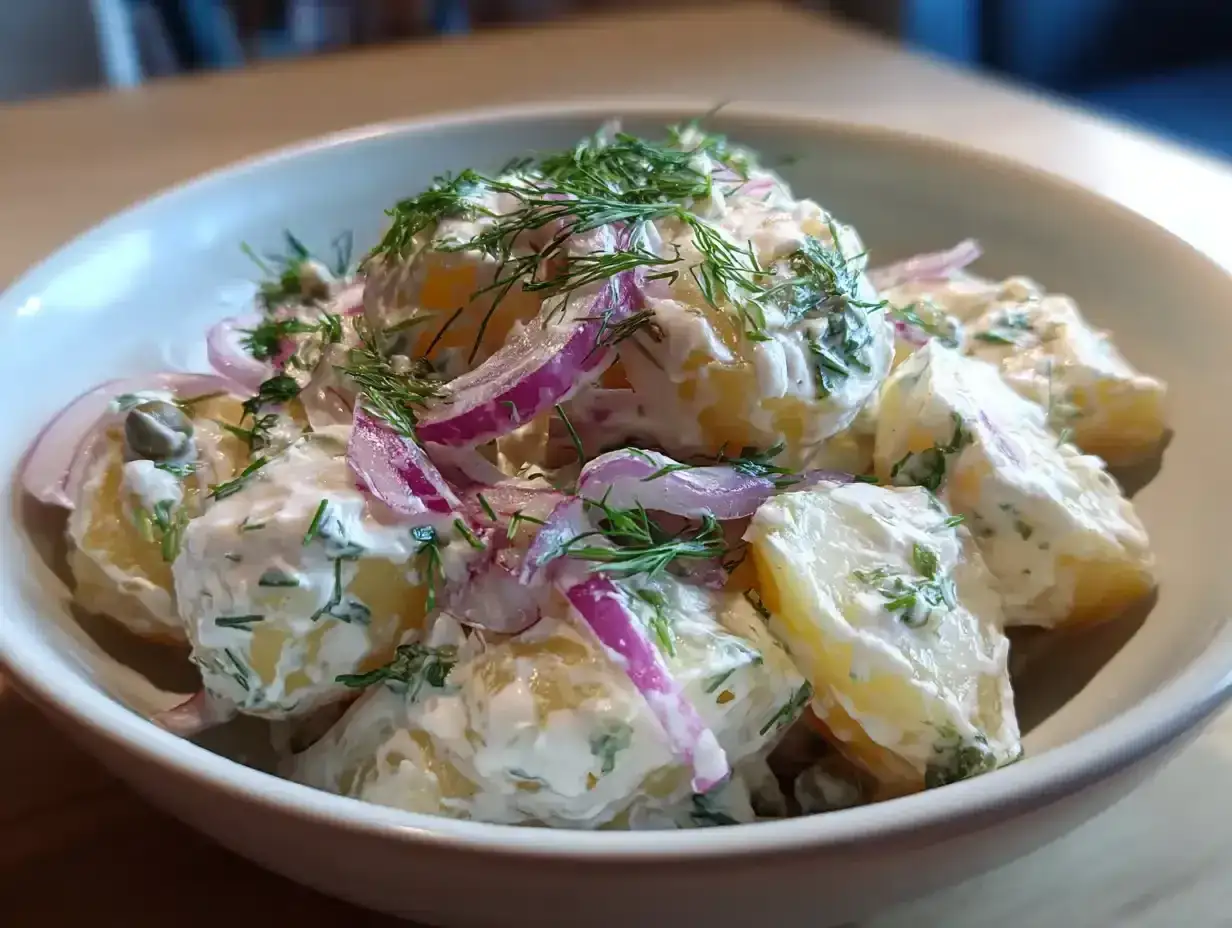 Krämig potatissallad med dill och rödlök, perfekt som tillbehör. Ett enkelt potatissallad recept för alla tillfällen.