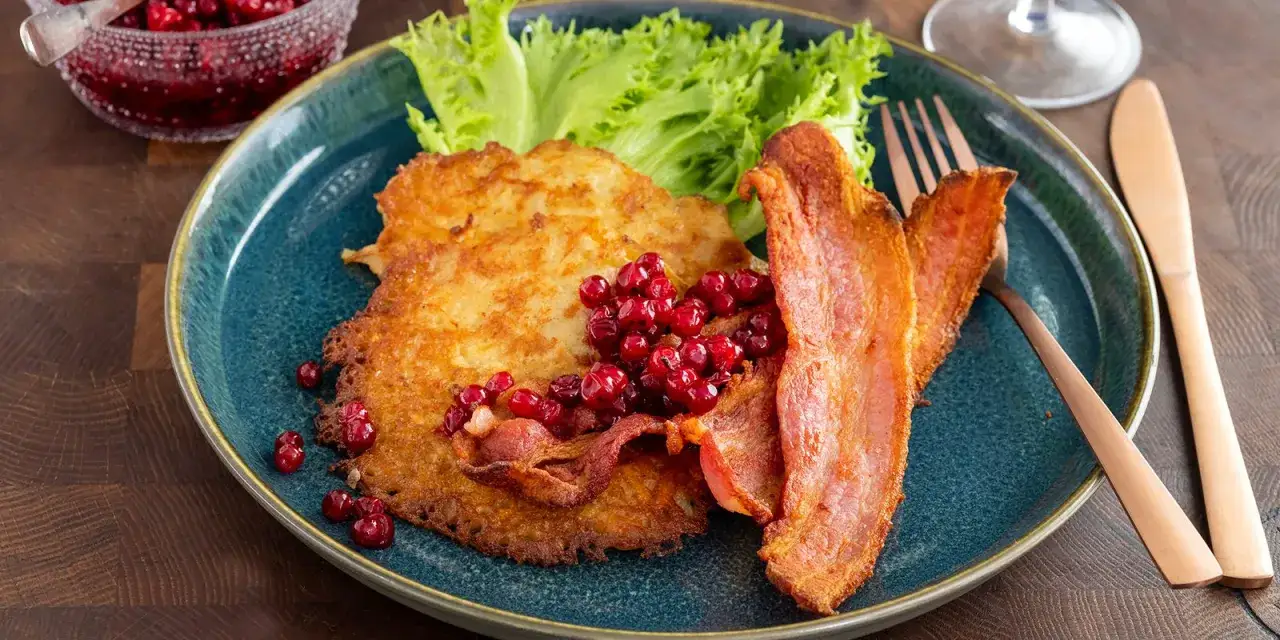 En tallrik med raggmunk, knaperstekt bacon, lingon och en salladsblad. Ett klassiskt raggmunk recept som ser utsökt ut.